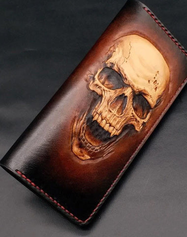 Dark Coffee Handmade Tooled Smiling Skull Leather Mens Bifold Long Wallet Clutch For Men