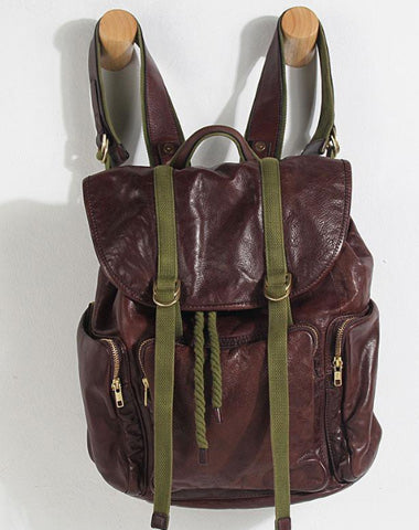 Genuine Leather Mens Cool Backpack Large Coffee Travel Backpack Hiking Backpack for men