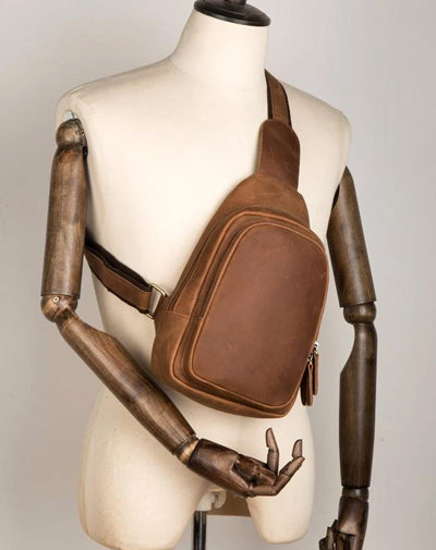 Cool Dark Brown Leather Mens Cool Sling Bag Crossbody Pack Brown Chest Bag Sling Pack for men