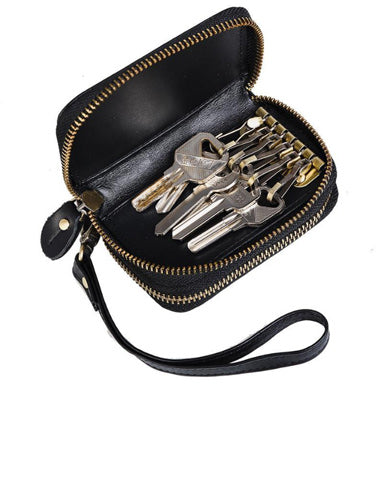 Cool Black Mens Double Zipper Leather Car Key Wallet Key Holder Change Holder For Men