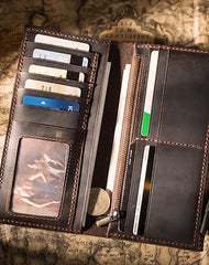 Handmade Brown Leather Long Wallet Bifold Multi Cards Checkbook Wallet for Men