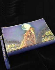 Blue Handmade Tooled Leather Wolf Clutch Wallet Wristlet Bag Clutch Purse For Men