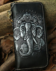 Black Leather Ganesha Tooled Biker Wallet Cool Handmade Leather Chain Wallet for Men