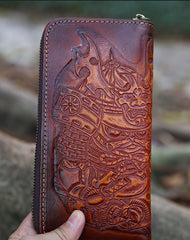 Brown Leather Japanese Samurai Tooled Zip Wallet Handmade Clutch Wallet for Men