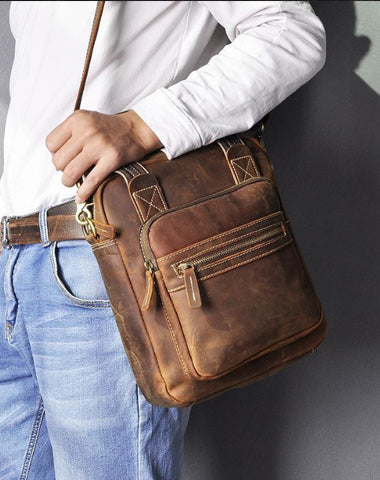 Vintage Brown Leather Mens Vertical Work Bag Handbag Vertical Briefcase Shoulder Bag For Men