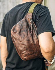 Cool Black Leather Men Chest Bag Waist Bags Coffee Fanny Pack Hip Bag One Shoulder Backpack For Men