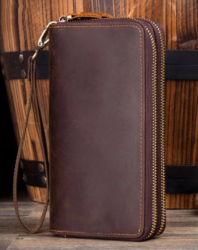 Cool Dark Brown Mens Bifold Zipper Long Wallet Clutch Wallet Wristlet CellPhone Wallet for Men