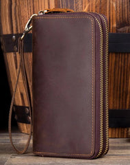 Cool Dark Brown Mens Bifold Zipper Long Wallet Clutch Wallet Wristlet CellPhone Wallet for Men