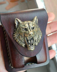 Handmade Coffee Wolf Leather Mens Armor Zippo Lighter Case Zippo Lighter Holder with Belt Loop for Men