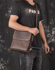 BADASS BROWN YELLOW LEATHER MEN'S 10 inches Side bag Vertical Courier Bag MESSENGER BAG FOR MEN