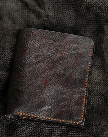Handmade Dark Coffee Leather Mens Vertical Small Wallet Cool billfold Wallet Bifold Slim Wallet For Men