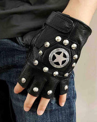 Cool Mens Black Star Leather Half-Finger Rock Gloves Motorcycle Gloves Black Biker Gloves For Men