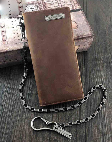 Badass Brown Leather Men's Long Biker Chain Wallet Bifold Long Wallets with Chain For Men