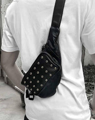 Badass Black Leather Men's Sling Bag Punk Chest Bag Rivet One shoulder Backpack Phone Bag For Men