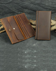 Brown Vintage Slim Leather Long Wallet for Men Bifold Dark Brown Bifold Wallet For Men