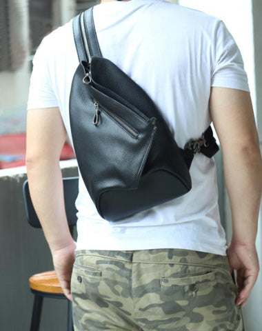 Badass Black Leather Backpack Men's Sling Bag Chest Bag One shoulder Backpack Sling Bag For Men