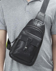 Black Mens Leather Sling Bag Chest Bag One shoulder Black Backpack Sports Bag For Men