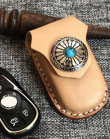 Handmade Black Leather Mens BUICK Lacrosse Car Key Case Beige Regal Car Key Holder with Belt Loop/Belt Clip