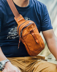 Fashion Brown Leather Men Sling Pack Chest Bag Sling Bag Cool Coffee Leather One Shoulder Backpack For Men