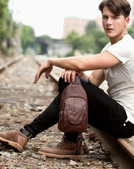 Casual Leather Brown Mens Sling Pack Sling Bags Chest Bag One Shoulder Backpack for Men