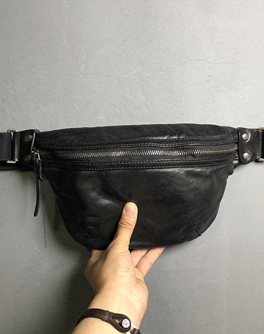 Black Cool Leather Men Small Fanny Pack Waist Bag Hip Pack Tan Belt Bag Bumbag for Men