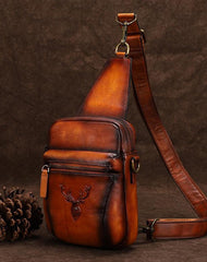 Vintage Brown Leather Deer Womens Men's Sling Bag Chest Bag Sling Pack Sling Backpack For Men