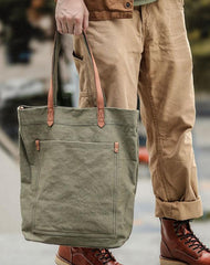 Khaki Vintage Canvas Men Womens Large Tote Bag Green Canvas Shoulder Tote Bag Shopper Tote For Men