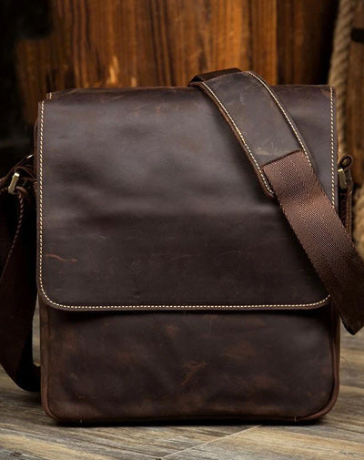 Dark Brown Cool Leather 10 inches Small Vertical Side Bags Messenger Bags Courier Bag for Men