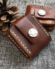 Handmade Mens Brown Leather Classic Zippo Lighter Case Star Zippo Lighter Holder with Belt Clip