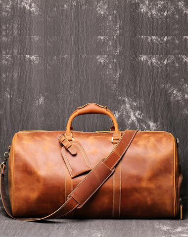 Casual Leather Men 16 inches Large Overnight Bags Travel Bags Brown Weekender Bags For Men