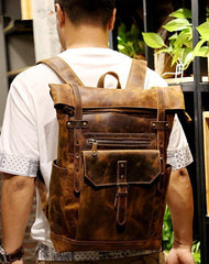 Black Mens Leather 15 inches Large School Laptop Backpack Brown Travel Backpacks for Men