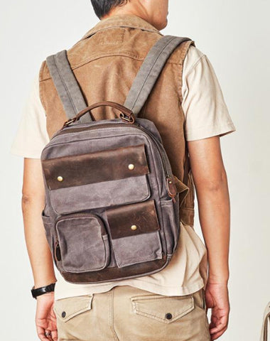 Waxed Canvas Leather Mens Backpack 14 inches Canvas Travel Backpack Canvas Computer Backpack for Men