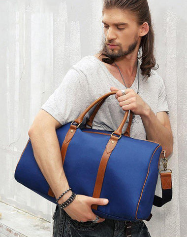 Blue Nylon Leather Mens Travel Bag Weekender Bag Sports Shoulder Bag Large Travel Bag for Men