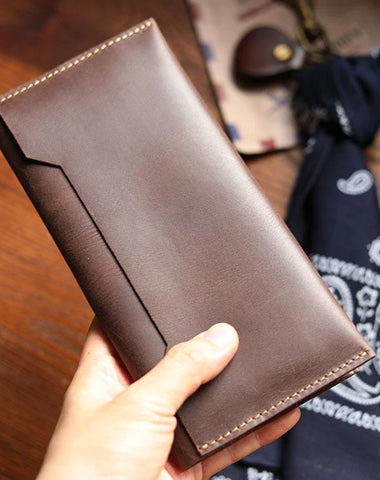 Vintage Brown Leather Mens Long Wallet Bifold Long Wallet Brown Phone Clutch Wallet For Men