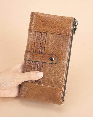 Brown Leather Long Wallet for Men Bifold Checkbook Wallet Card Holders Wallet For Men