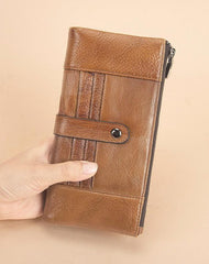 Brown Leather Long Wallet for Men Bifold - Front View