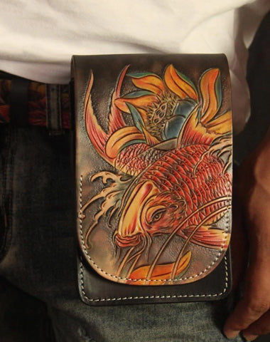 Tooled Carp Handmade Leather Mens Belt Pouch Waist Bag Belt Phone Bag Mobile Bag For Men