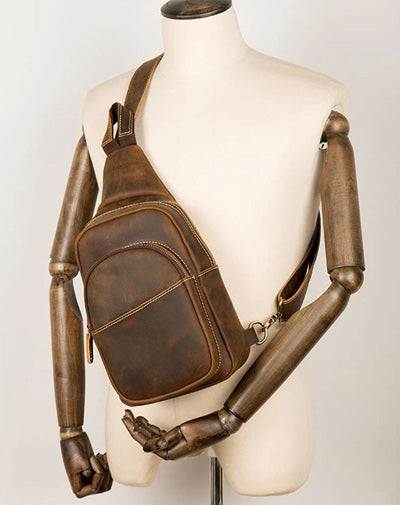 Cool Dark Brown Leather Mens Crossbody Pack Sling Bags Brown One Shoulder Pack Chest Bag for men