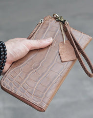 Vintage Dark Brown Leather Mens Phone Wallet Clutch Bag Wristlet Bag Zipper Long Wallet For Men