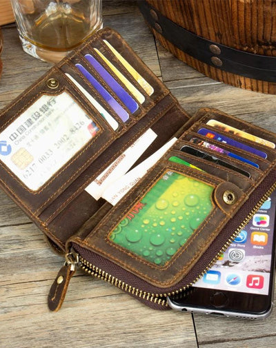 Cool Brown Mens long Wallet Bifold Zipper Clutch Wallet Cellphone Long Wallet for Men