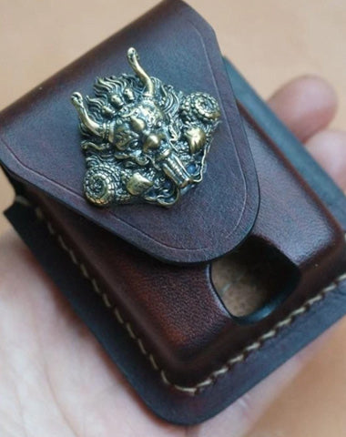 Handmade Coffee Leather Mens Armor Zippo Lighter Case Zippo Lighter Holder with Belt Loop for Men