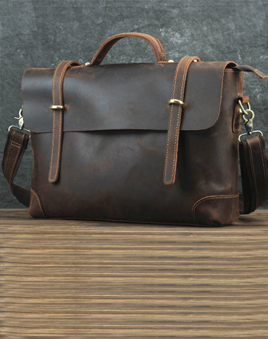 Brown Leather Men's Professional Briefcase 14‘’ Laptop Handbag Business Bag For Men