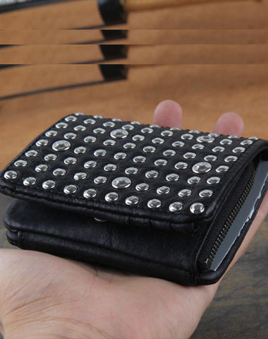 Genuine Leather Mens Cool billfold Punk Rock Leather Wallet Men Small Wallets Trifold for Men