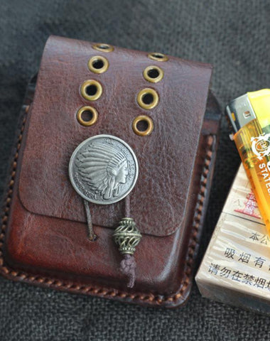 Handmade Coffee Leather Mens Cool Zippo Cigarette Case with Lighter Holder Belt Loop for Men