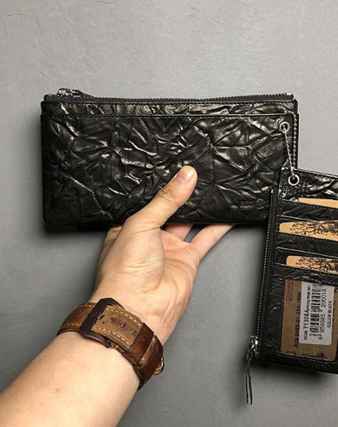 Cool Leather Mens Black Zipper Wallet Long Leather Wallet Clutch Wristlet Wallet for Men