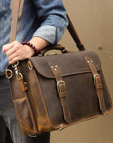 Cool Brown Leather Men's Large 16‘’ Briefcase Business Backpack Travel Handbag For Men