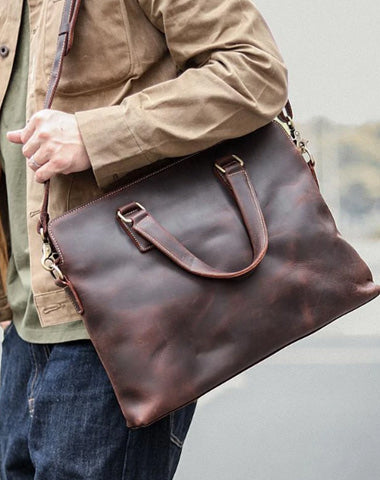 Vintage Dark Brown 14'' Computer Briefcase Mens Leather Briefcase Work Handbags Black For Men