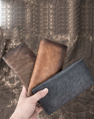 Vintage MENS LEATHER Brown Bifold LONG WALLET Gray Slim Long WALLET FOR MEN
