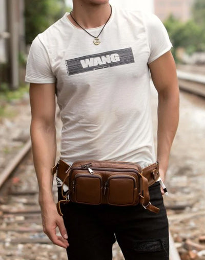 Cool Mens Brown Leather Fanny Pack Waist Bag Hip Pack Black Belt Bag Bumbag for Men