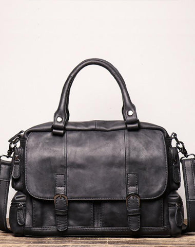 Black Leather Men 14 inches Briefcase Handbag Laptop Handbag Messenger Bag For Men
